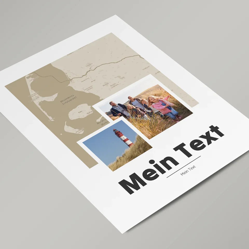 Weiß-gerahmte-Landkarte-mit-Familien-Urlaubsfotos-und-Deinem-Wunschtext-in-Blockschrift-Hochkant-mit-Farbswatches
