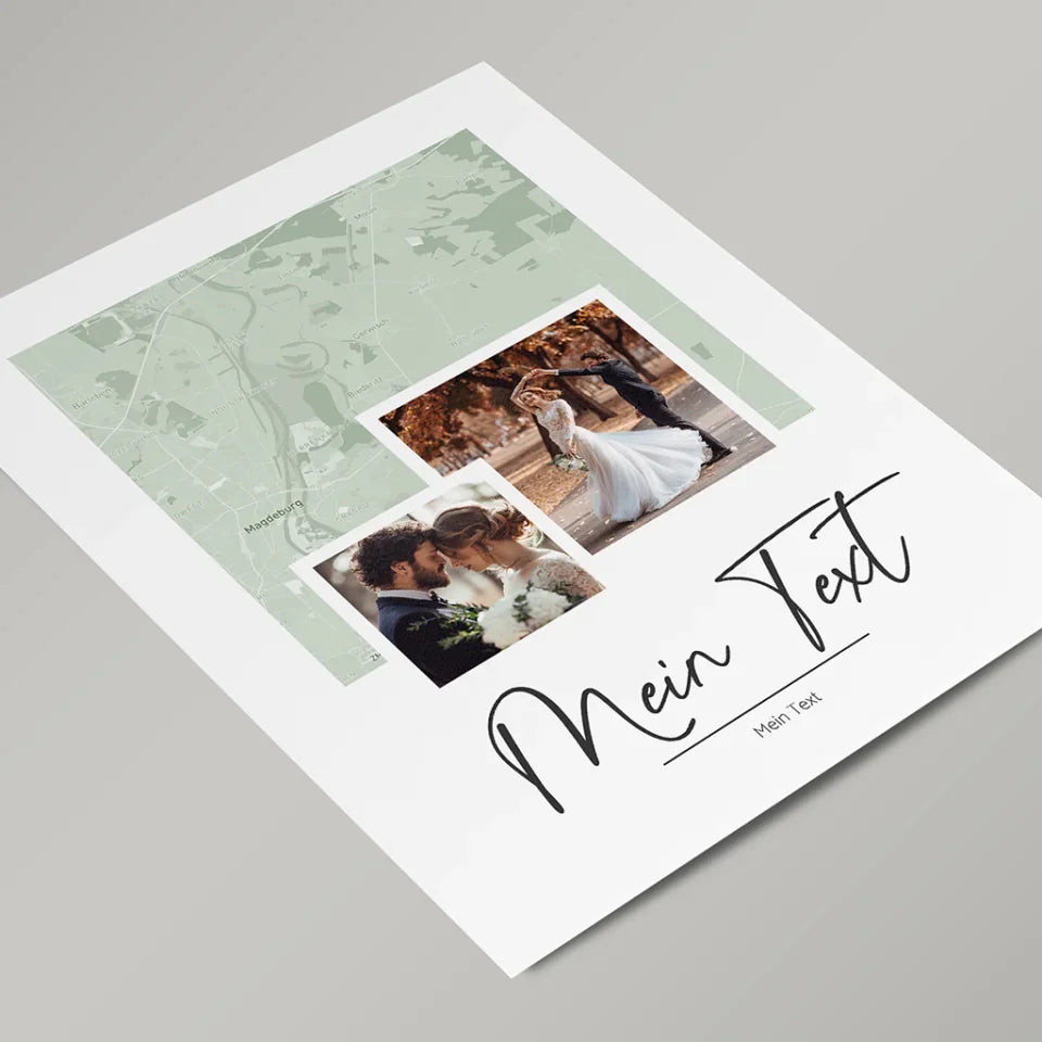 Personalisierbare-Landkarte-in-grün-mit-Deinem-Text-in-Schreibschrift-und-zwei-Fotos-Hochkant-gerahmt-mit-Farbswatches