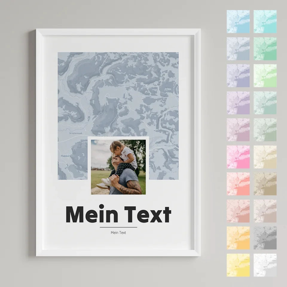 Portrait-Landkarte-in-dunkelblau-mit-Deinem-Text-in-Schreibschrift-Hochkant-gerahmt-mit-Farbswatches