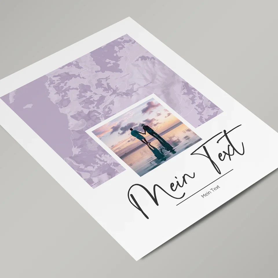 Portrait-Landkarte-in-lila-mit-Deinem-Text-in-Schreibschrift-Hochkant-gerahmt-mit-Farbswatches