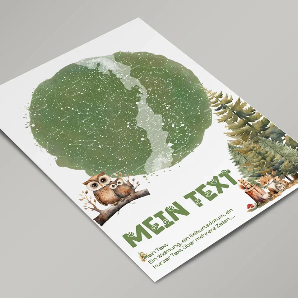 Personalisierte-Sternenkarte-mit-eigenem-Text-deinem-Ort-Augenblick-und-Waldtier-Motiv-Hochformat-im-Holzrahmen-weiß