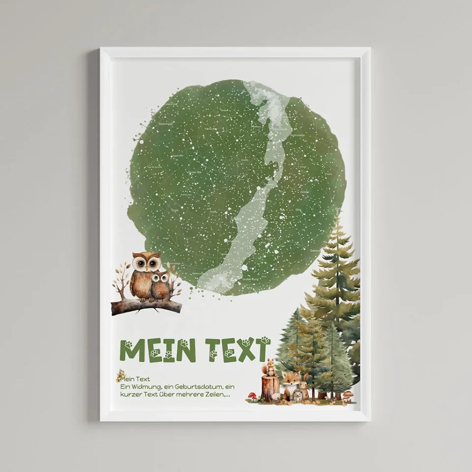 Personalisierte-Sternenkarte-mit-eigenem-Text-deinem-Ort-Augenblick-und-Waldtier-Motiv-Hochformat-im-Holzrahmen-weiß