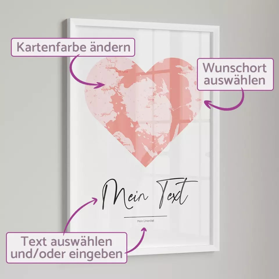 Personalisierte Landkarte &quot;belle Herzstück&quot; - dein Ort + Text | Hochformat