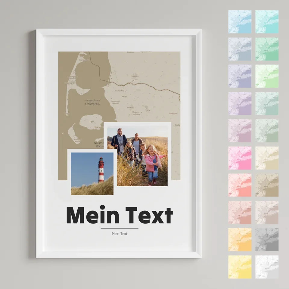 Weiß-gerahmte-Landkarte-mit-Familien-Urlaubsfotos-und-Deinem-Wunschtext-in-Blockschrift-Hochkant-mit-Farbswatches