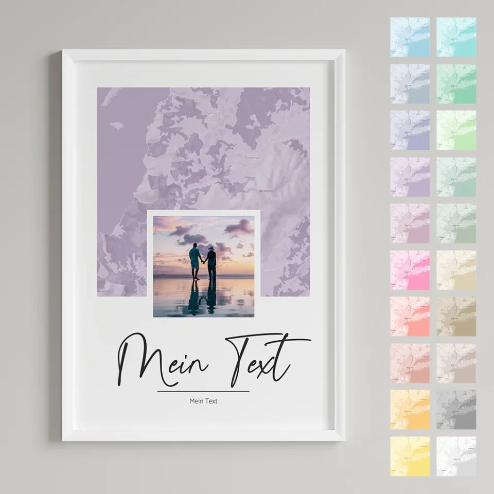 Portrait-Landkarte-in-lila-mit-Deinem-Text-in-Schreibschrift-Hochkant-gerahmt-mit-Farbswatches