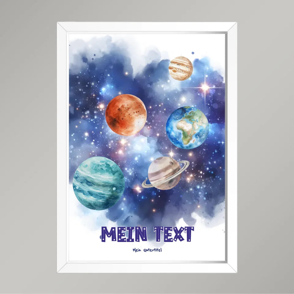 Personalisiertes-Kinderposter-mit-eigenem-Text-und-Planeten-Motiv-21x30cm-Hochformat-im-weißen-Holzrahmen