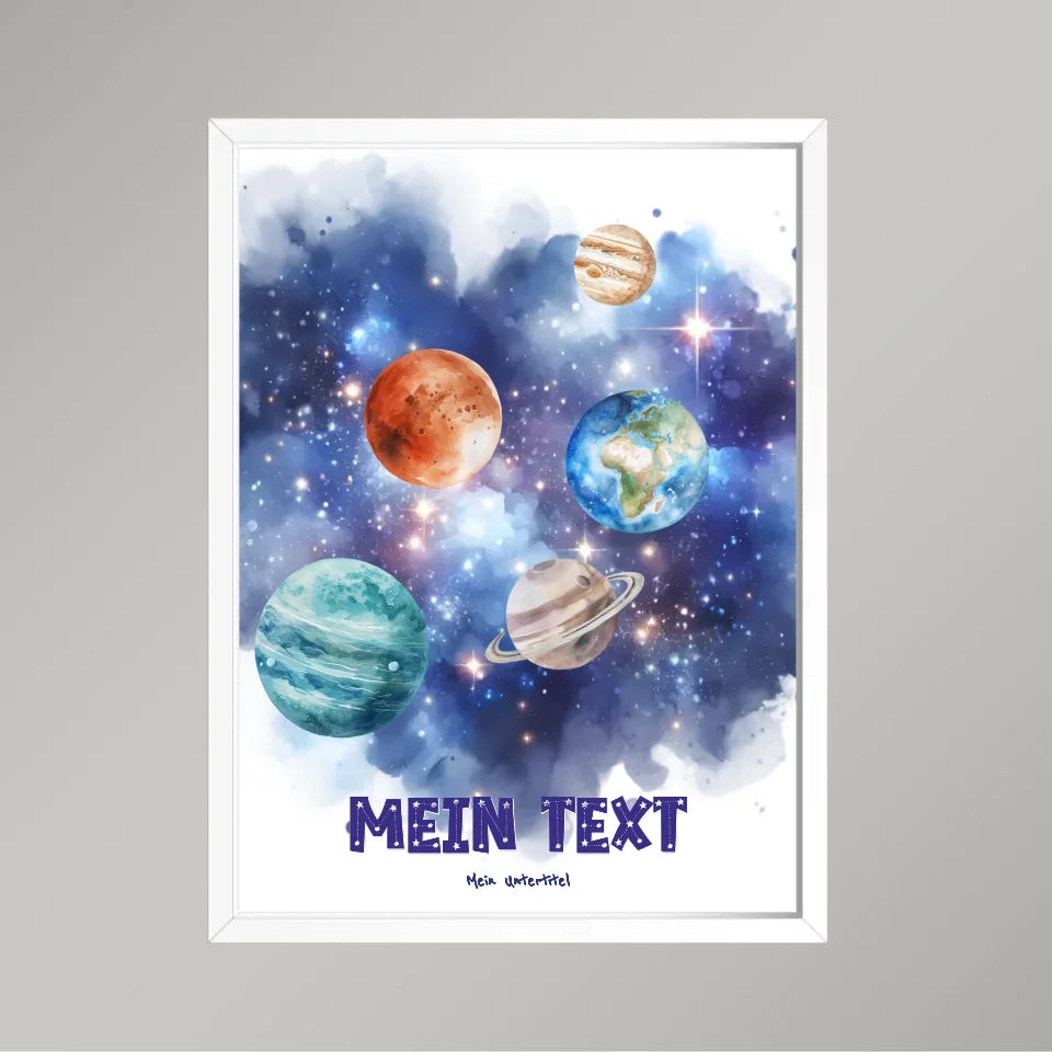 Personalisiertes-Kinderposter-mit-eigenem-Text-und-Planeten-Motiv-30x40cm-Hochformat-im-weißen-Holzrahmen