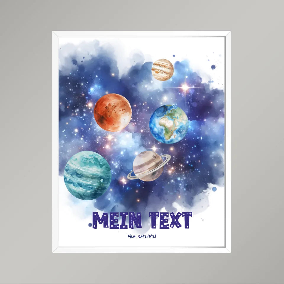 Personalisiertes-Kinderposter-mit-eigenem-Text-und-Planeten-Motiv-40x50cm-Hochformat-im-weißen-Holzrahmen