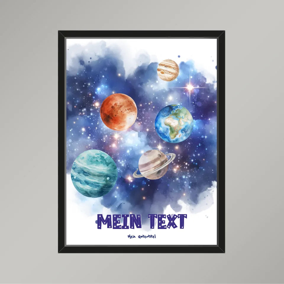 Personalisiertes-Kinderposter-mit-eigenem-Text-und-Planeten-Motiv-30x40cm-Hochformat-im-schwarzen-Holzrahmen