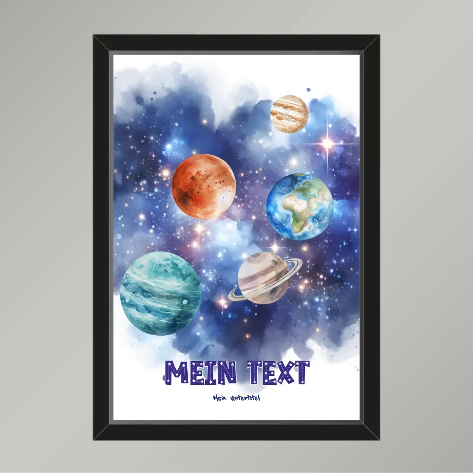 Personalisiertes-Kinderposter-mit-eigenem-Text-und-Planeten-Motiv-21x30cm-Hochformat-im-schwarzen-Holzrahmen