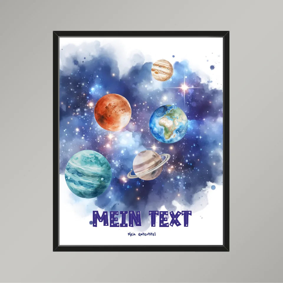 Personalisiertes-Kinderposter-mit-eigenem-Text-und-Planeten-Motiv-40x50cm-Hochformat-im-schwarzen-Holzrahmen