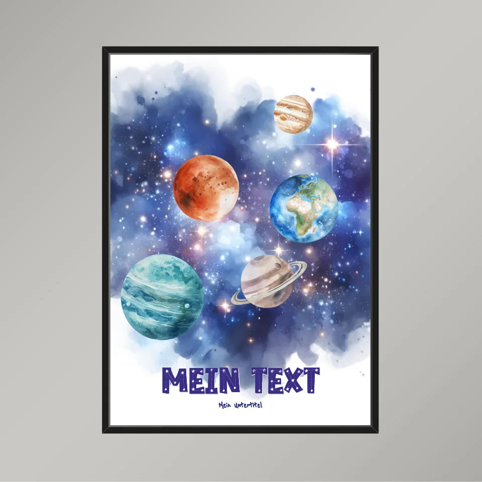 Personalisiertes-Kinderposter-mit-eigenem-Text-und-Planeten-Motiv-50x70cm-Hochformat-im-schwarzen-Holzrahmen