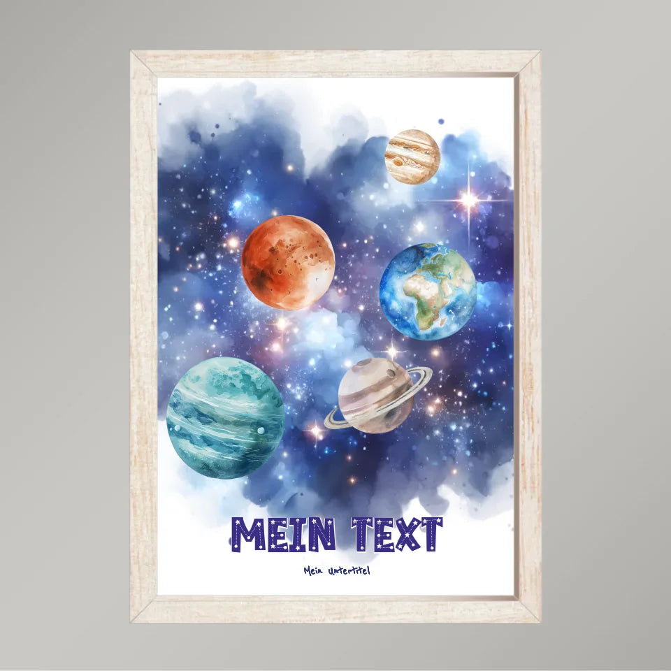 Personalisiertes-Kinderposter-mit-eigenem-Text-und-Planeten-Motiv-21x30cm-Hochformat-im-beigen-Holzrahmen