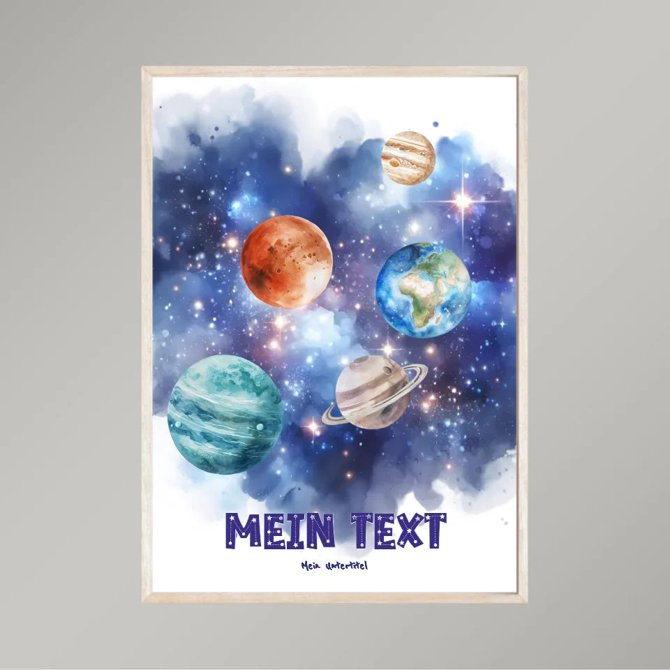 Personalisiertes-Kinderposter-mit-eigenem-Text-und-Planeten-Motiv-50x70cm-Hochformat-im-Holzrahmen-beige