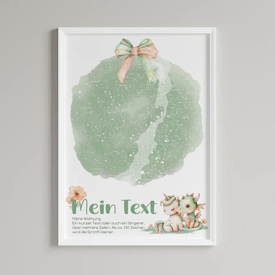 Personalisierte-Sternenkarte-mit-eigenem-Text-und-Einhorn-und-Drachen-Motiv-Hochformat-im-Holzrahmen-weiß