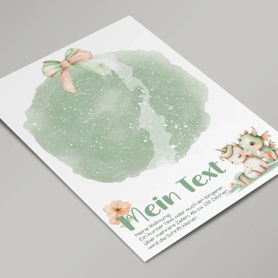 Personalisierte-Sternenkarte-mit-eigenem-Text-und-Einhorn-und-Drachen-Motiv-Hochformat-im-Holzrahmen-weiß