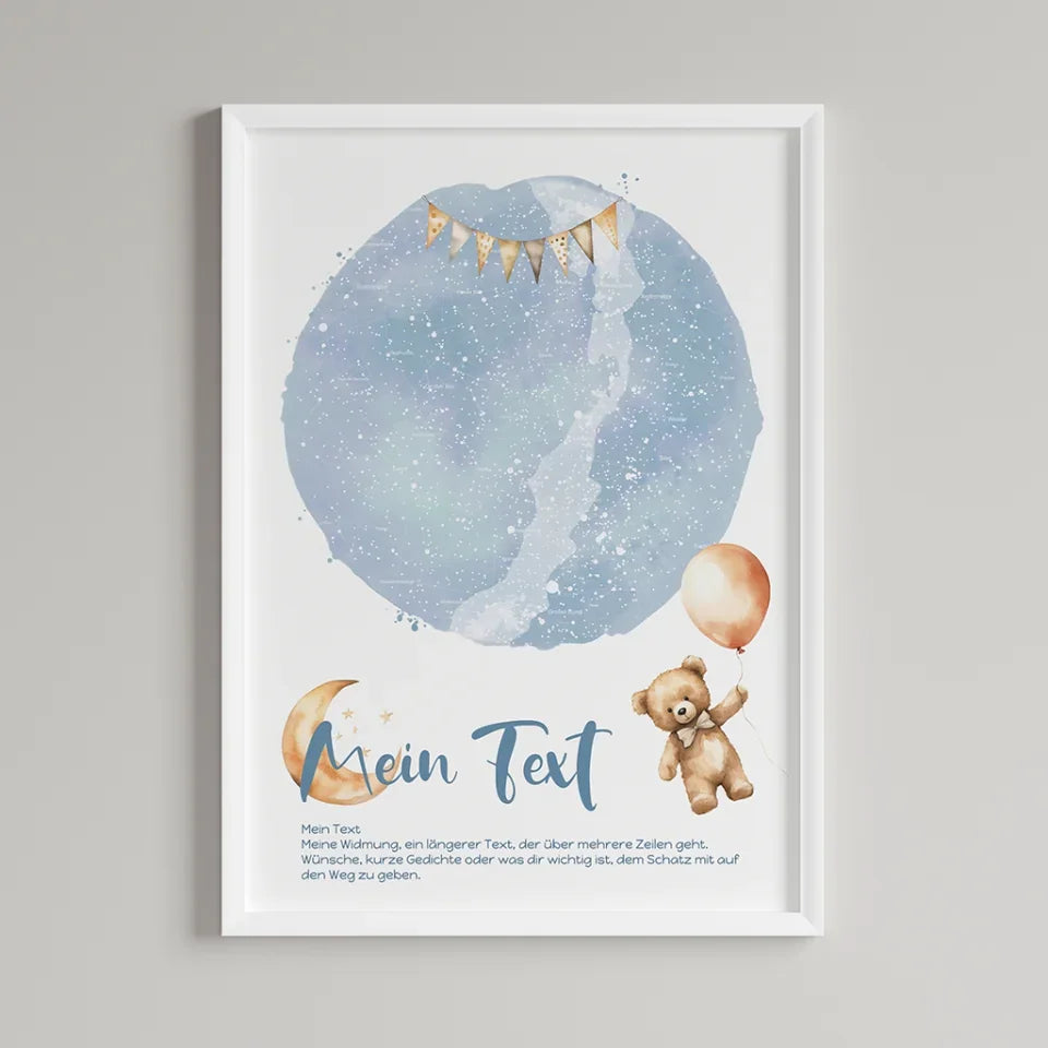 Personalisierte-Sternenkarte-mit-eigenem-Text-und-Teddy-Motiv-Hochformat-im-Holzrahmen-weiß