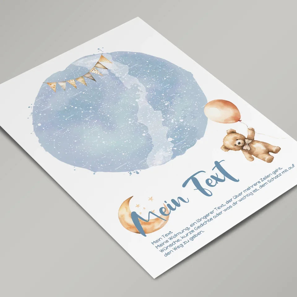 Personalisierte-Sternenkarte-mit-eigenem-Text-und-Teddy-Motiv-Hochformat-im-Holzrahmen-weiß