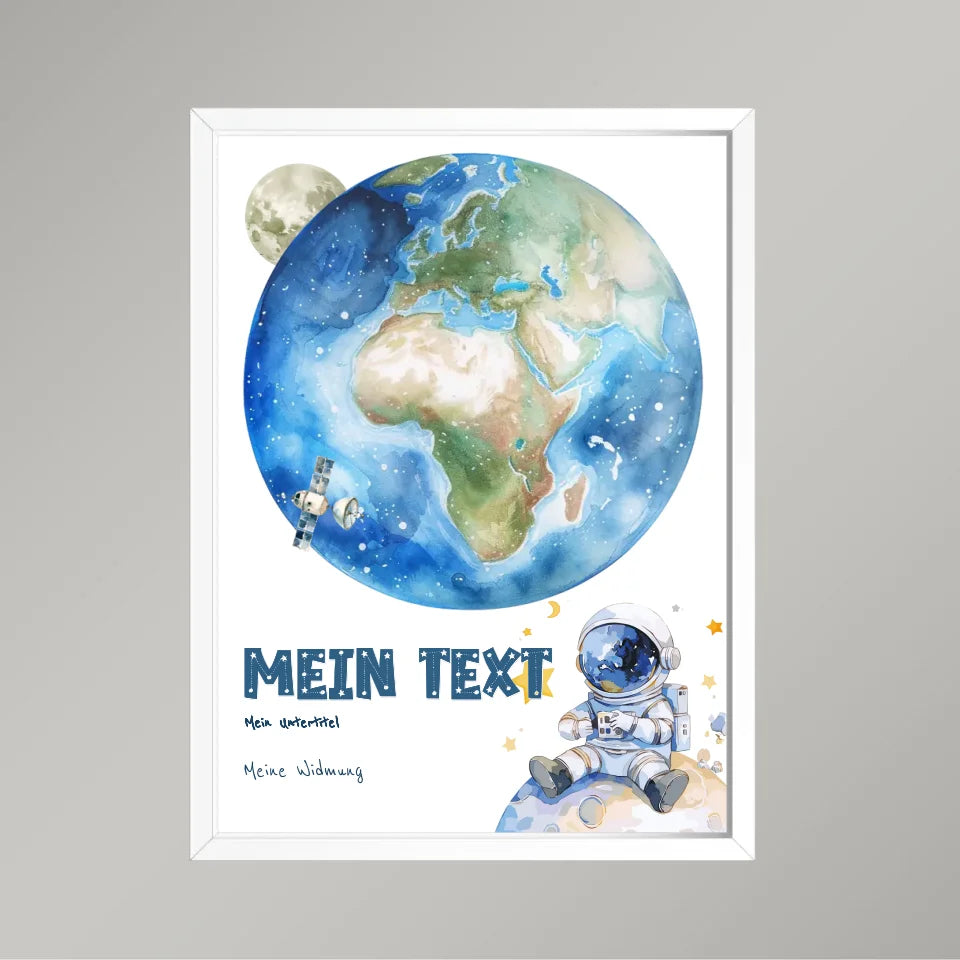 Personalisiertes-Kinderposter-mit-eigenem-Text-und-Astronauten-Motiv-30x40cm-Hochformat-im-weißen-Holzrahmen