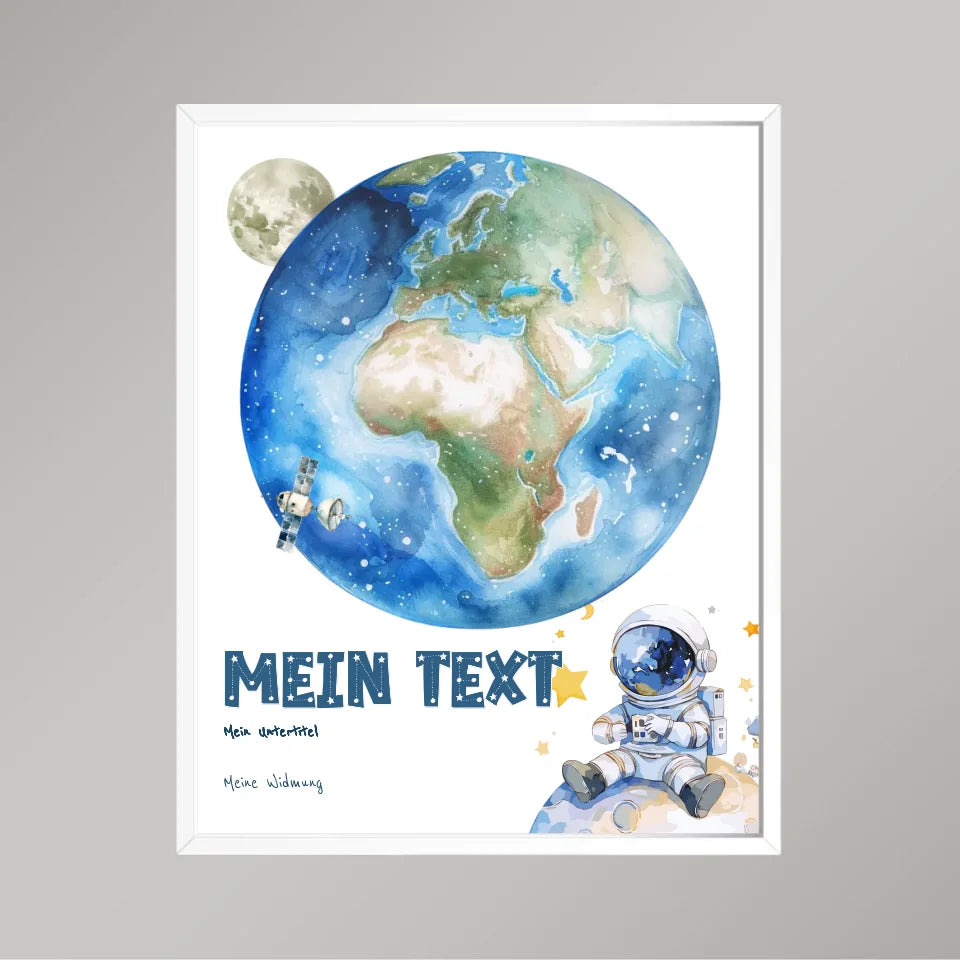 Personalisiertes-Kinderposter-mit-eigenem-Text-und-Astronauten-Motiv-40x50cm-Hochformat-im-weißen-Holzrahmen