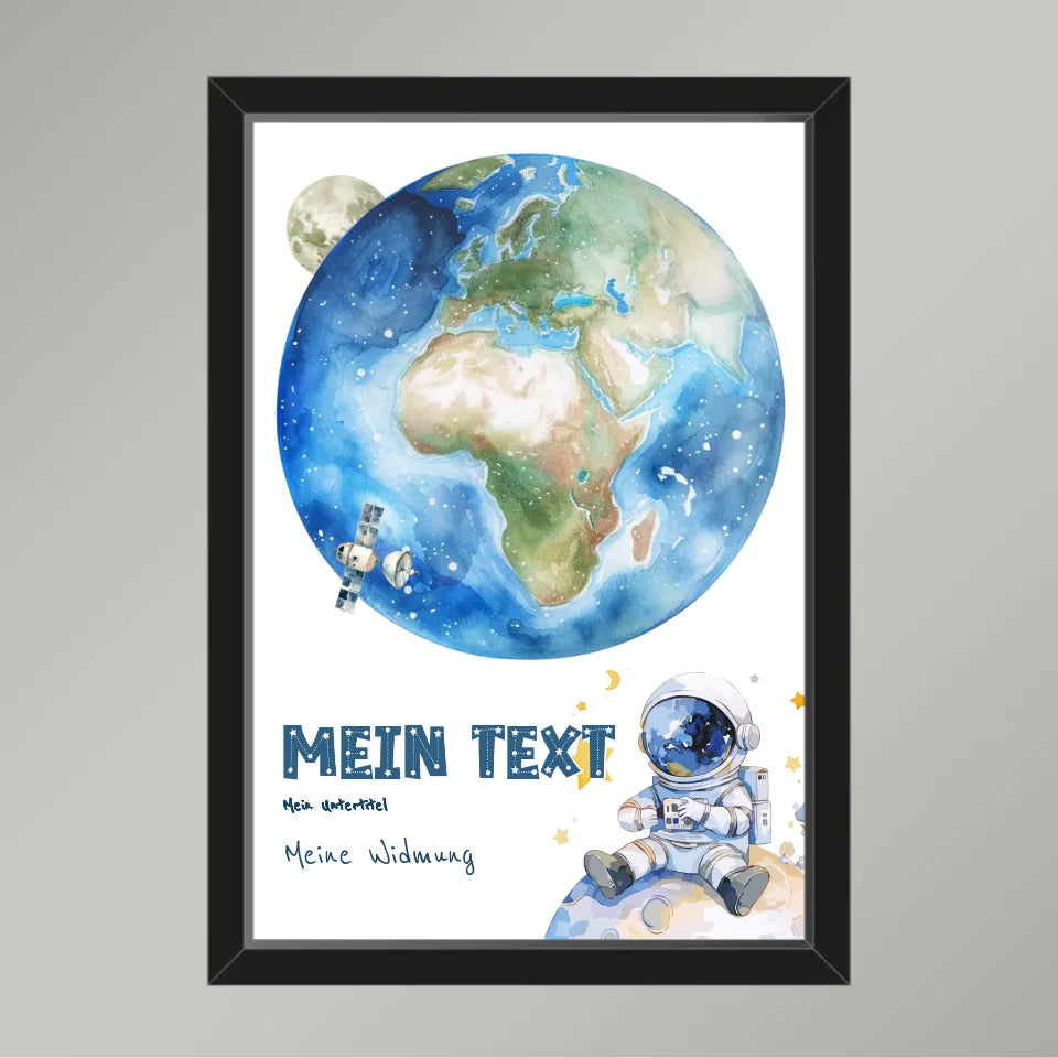 Personalisiertes-Kinderposter-mit-eigenem-Text-und-Astronauten-Motiv-21x30cm-Hochformat-im-schwarzen-Holzrahmen