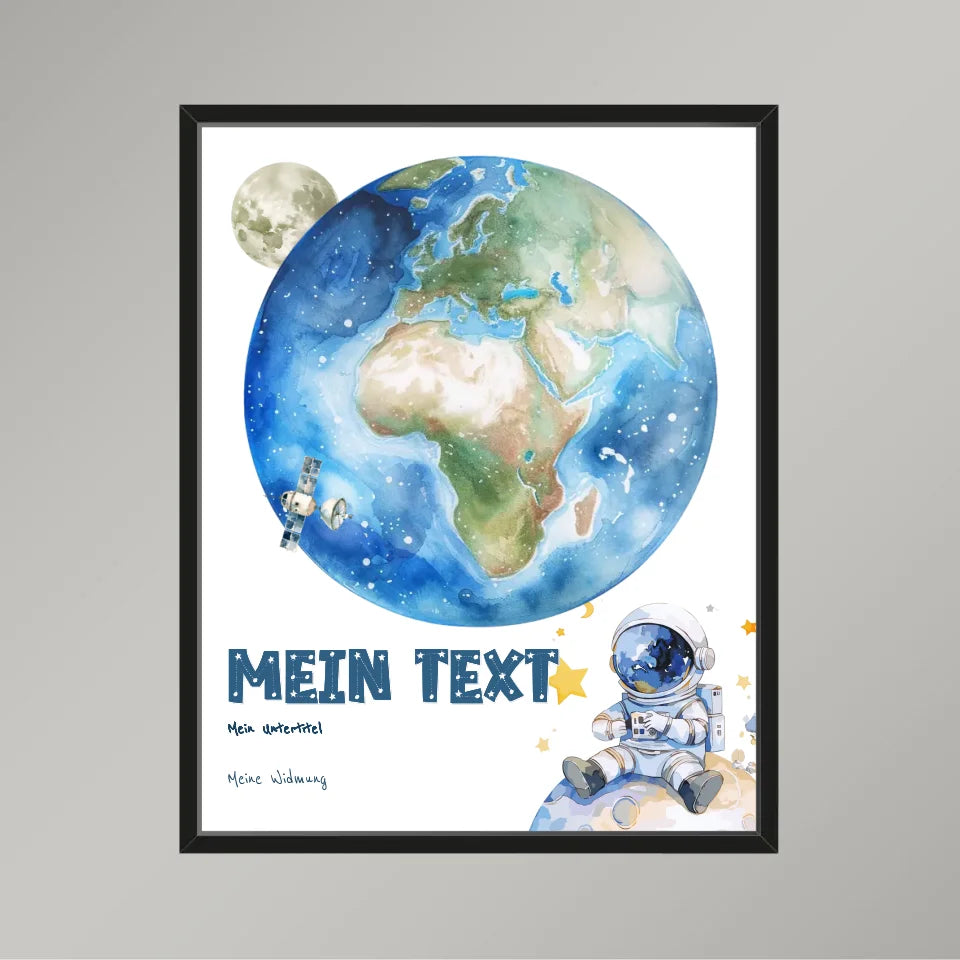 Personalisiertes-Kinderposter-mit-eigenem-Text-und-Astronauten-Motiv-40x50cm-Hochformat-im-schwarzen-Holzrahmen