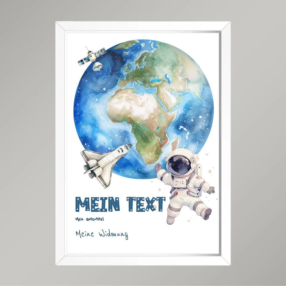 Personalisiertes-Kinderposter-mit-eigenem-Text-und-Springendem-Astronauten-Motiv-21x30cm-Hochformat-im-Holzrahmen-weiß