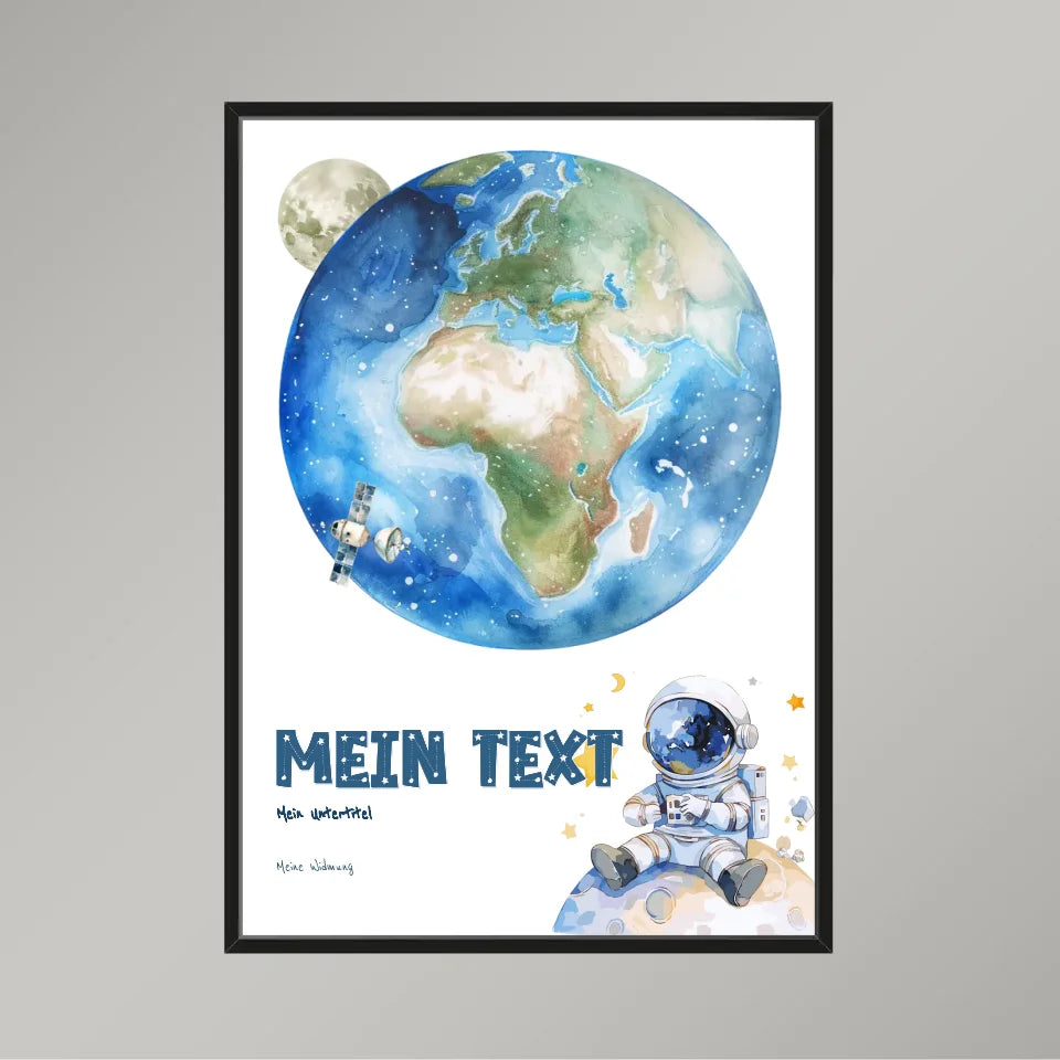 Personalisiertes-Kinderposter-mit-eigenem-Text-und-Astronauten-Motiv-50x70cm-Hochformat-im-schwarzen-Holzrahmen