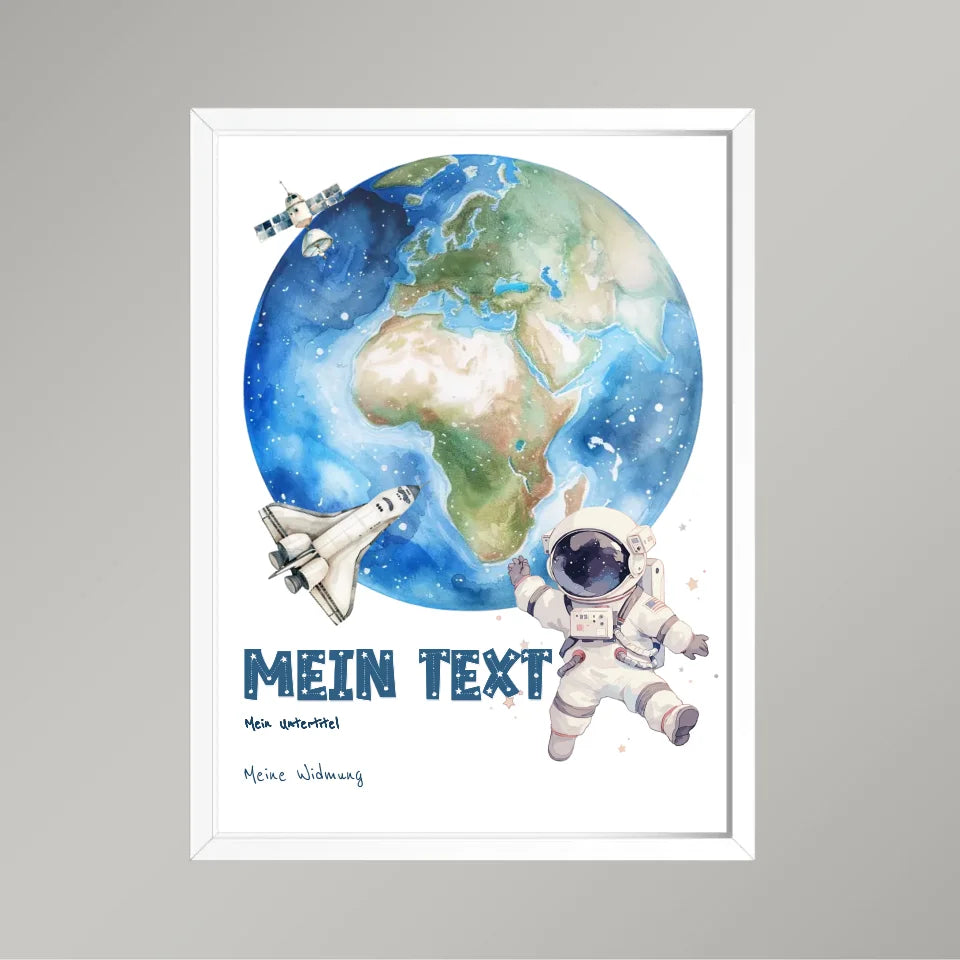 Personalisiertes-Kinderposter-mit-eigenem-Text-und-Springendem-Astronauten-Motiv-30x40cm-Hochformat-im-Holzrahmen-weiß