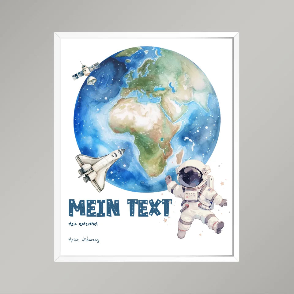 Personalisiertes-Kinderposter-mit-eigenem-Text-und-Springendem-Astronauten-Motiv-40x50cm-Hochformat-im-Holzrahmen-weiß