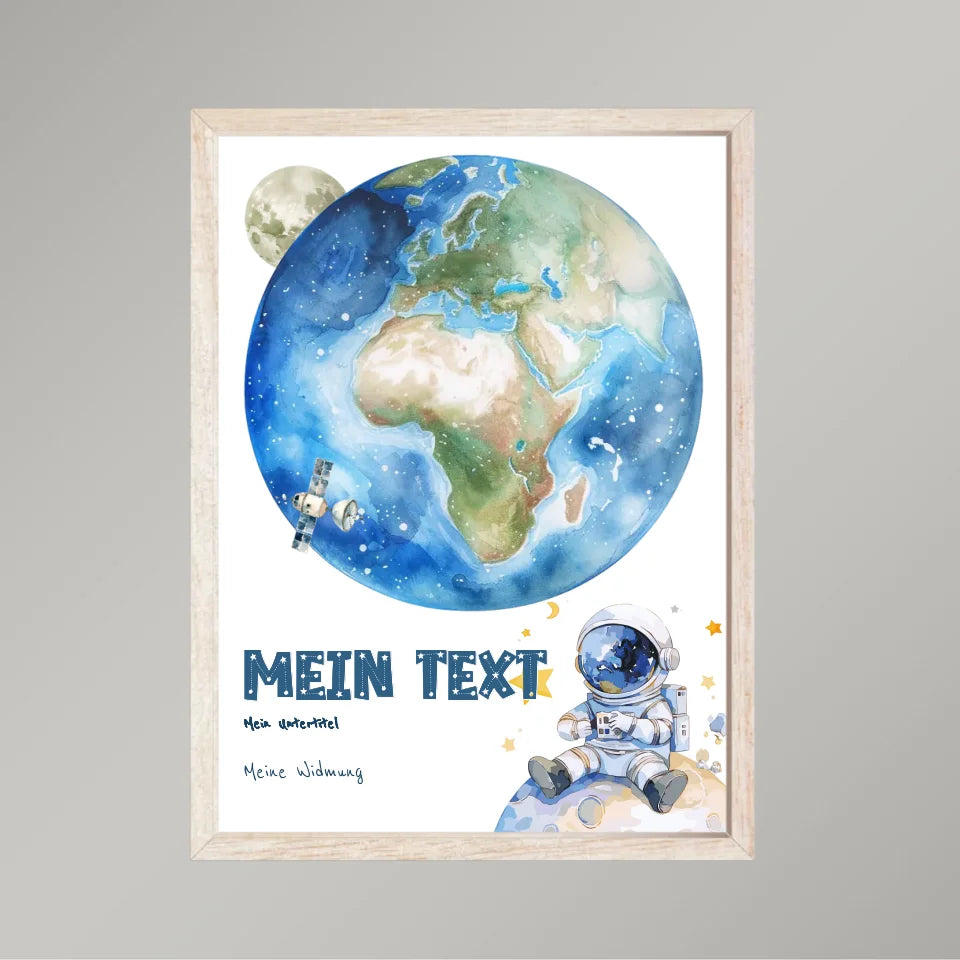 Personalisiertes-Kinderposter-mit-eigenem-Text-und-Astronauten-Motiv-30x40cm-Hochformat-im-beigen-Holzrahmen