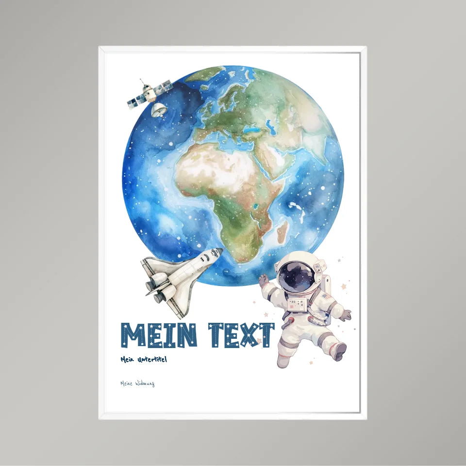 Personalisiertes-Kinderposter-mit-eigenem-Text-und-Springendem-Astronauten-Motiv-50x70cm-Hochformat-im-Holzrahmen-weiß