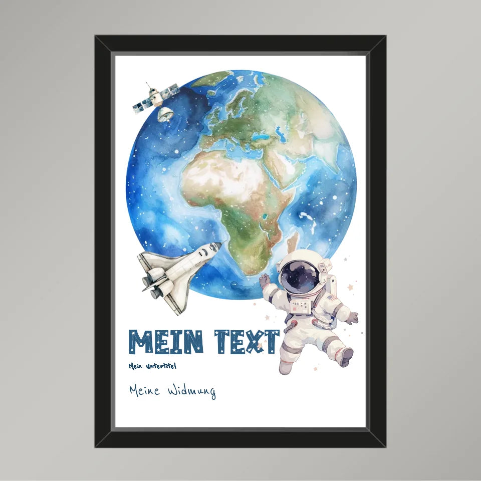 Personalisiertes-Kinderposter-mit-eigenem-Text-und-Springendem-Astronauten-Motiv-21x30cm-Hochformat-im-Holzrahmen-schwarz