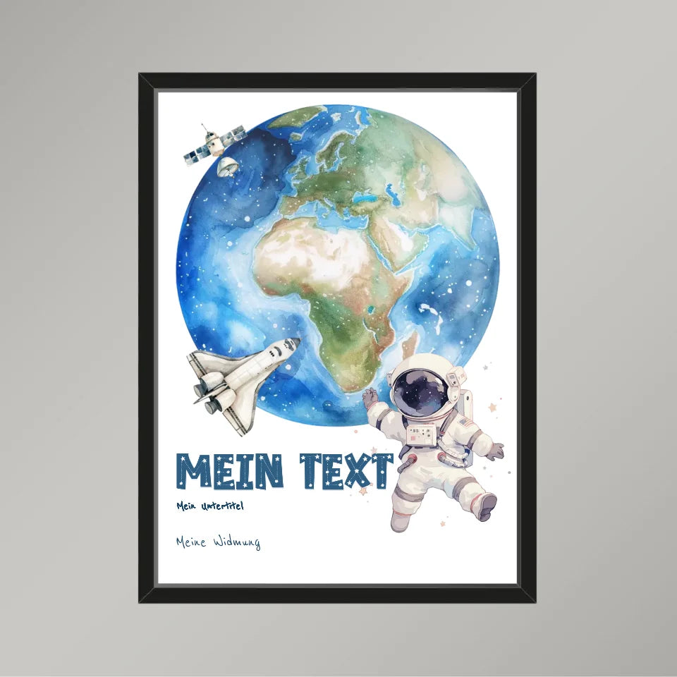 Personalisiertes-Kinderposter-mit-eigenem-Text-und-Springendem-Astronauten-Motiv-30x40cm-Hochformat-im-Holzrahmen-schwarz