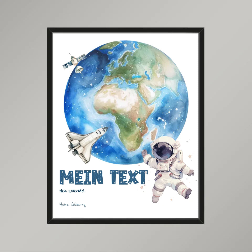 Personalisiertes-Kinderposter-mit-eigenem-Text-und-Springendem-Astronauten-Motiv-40x50cm-Hochformat-im-Holzrahmen-schwarz