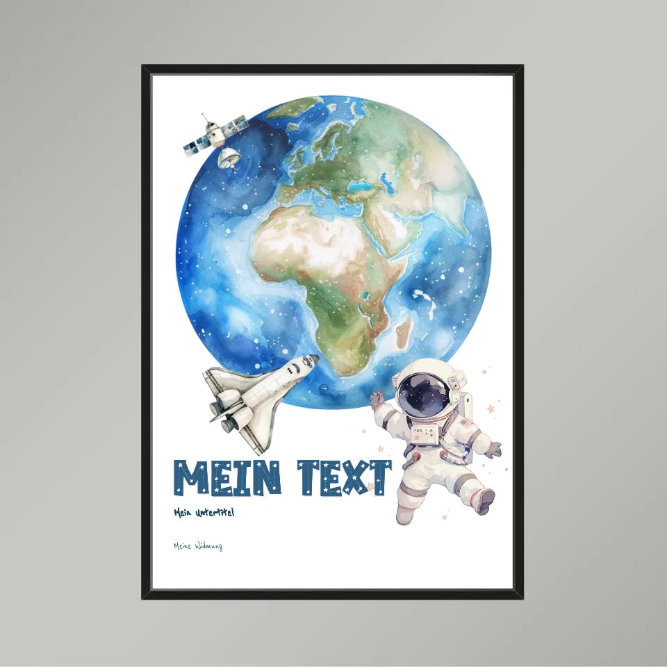 Personalisiertes-Kinderposter-mit-eigenem-Text-und-Springendem-Astronauten-Motiv-50x70cm-Hochformat-im-Holzrahmen-schwarz