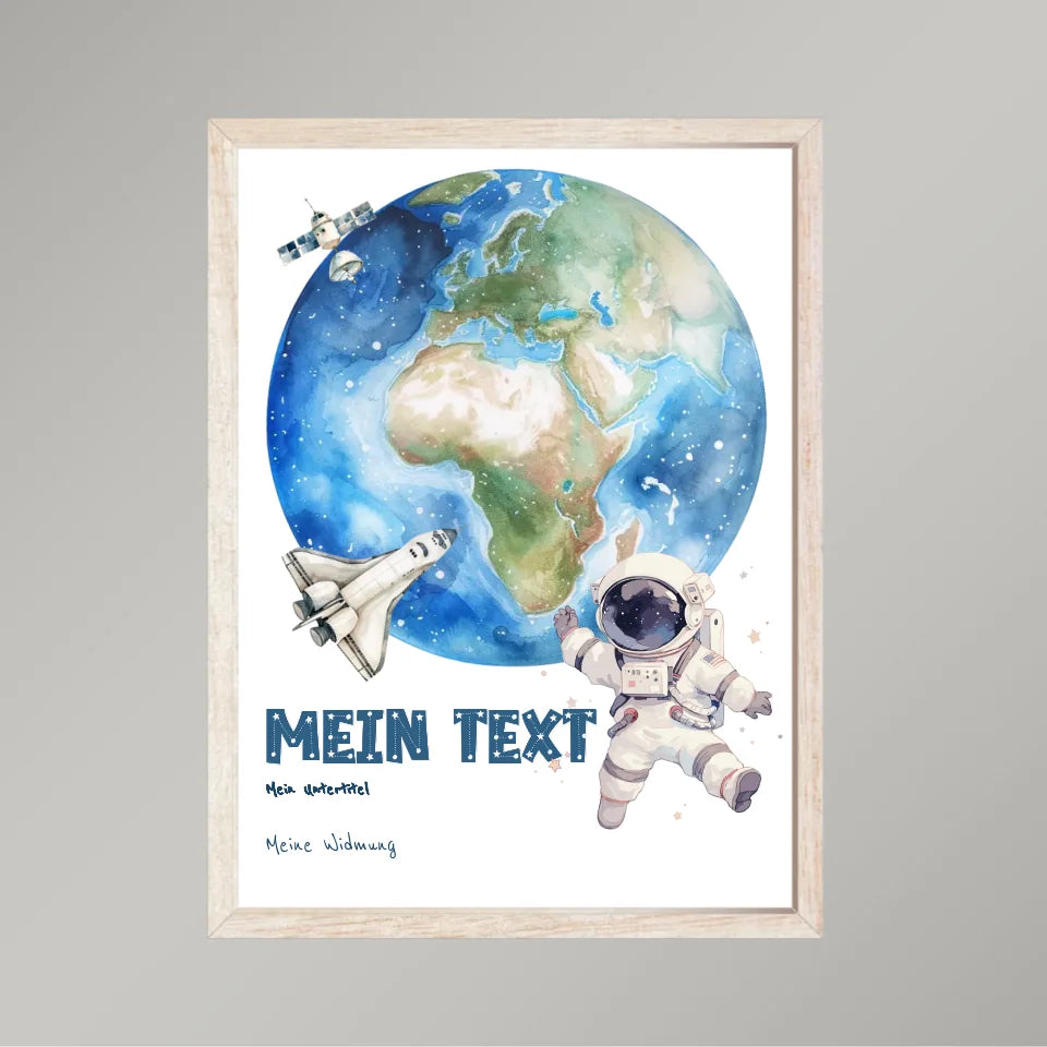 Personalisiertes-Kinderposter-mit-eigenem-Text-und-Springendem-Astronauten-Motiv-30x40cm-Hochformat-im-Holzrahmen-natur