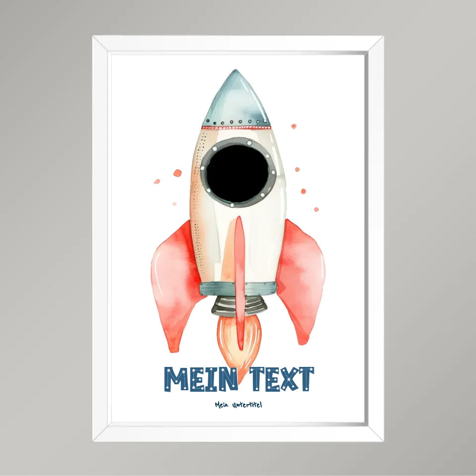 Personalisiertes-Kinderposter-mit-eigenem-Text-und-Foto-im-Raketen-Motiv-21x30cm-Hochformat-im-Holzrahmen-weiß