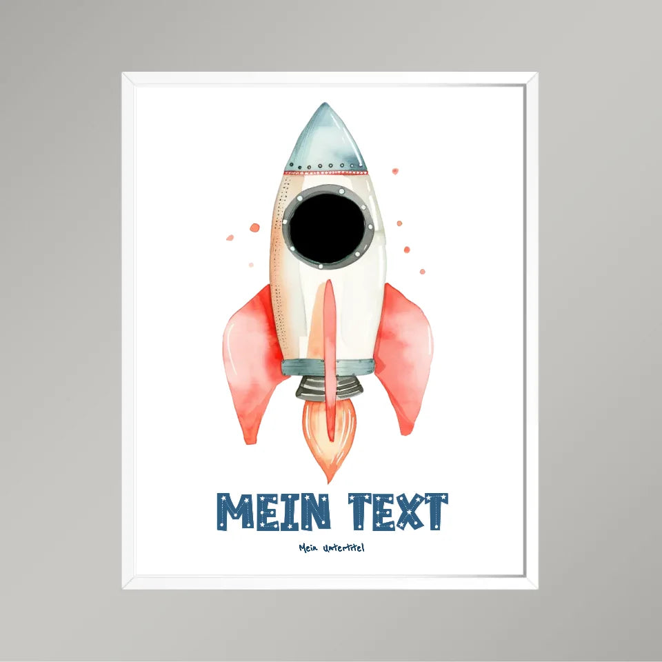 Personalisiertes-Kinderposter-mit-eigenem-Text-und-Foto-im-Raketen-Motiv-40x50cm-Hochformat-im-Holzrahmen-weiß