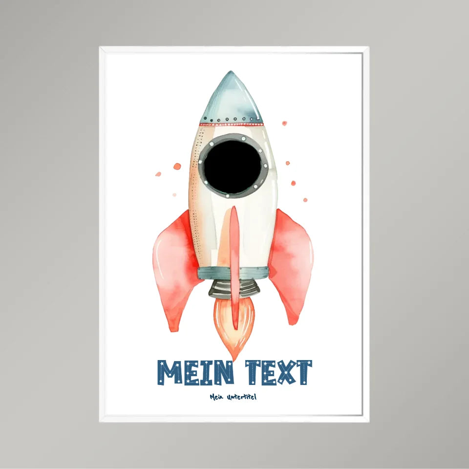 Personalisiertes-Kinderposter-mit-eigenem-Text-und-Foto-im-Raketen-Motiv-50x70cm-Hochformat-im-Holzrahmen-weiß