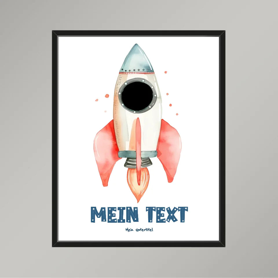 Personalisiertes-Kinderposter-mit-eigenem-Text-und-Foto-im-Raketen-Motiv-40x50cm-Hochformat-im-Holzrahmen-schwarz