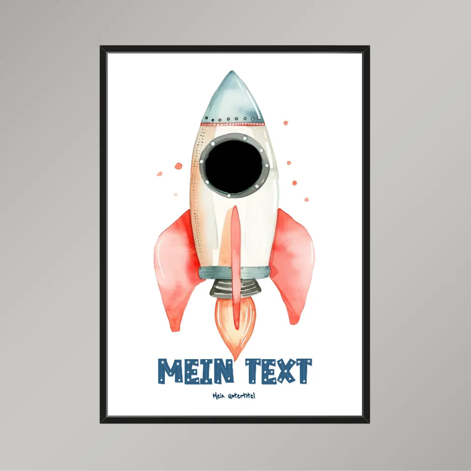 Personalisiertes-Kinderposter-mit-eigenem-Text-und-Foto-im-Raketen-Motiv-50x70cm-Hochformat-im-Holzrahmen-schwarz