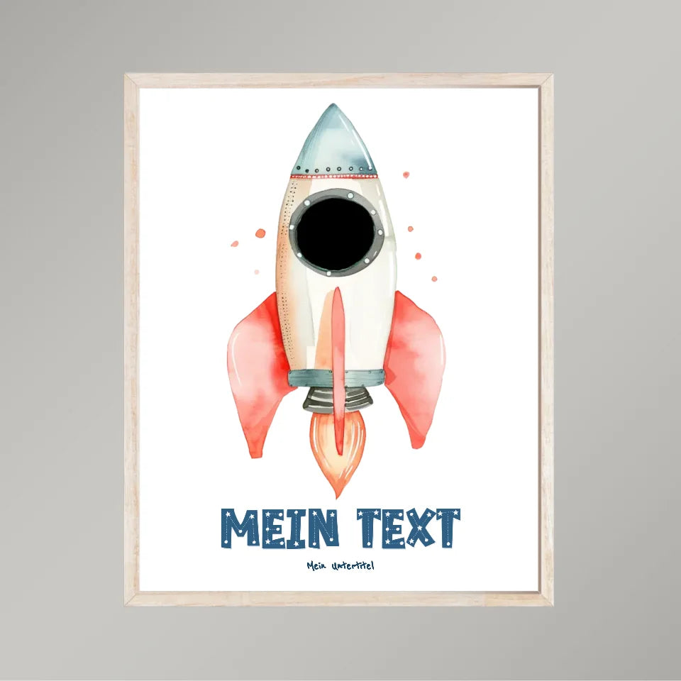 Personalisiertes-Kinderposter-mit-eigenem-Text-und-Foto-im-Raketen-Motiv-40x50cm-Hochformat-im-Holzrahmen-natur