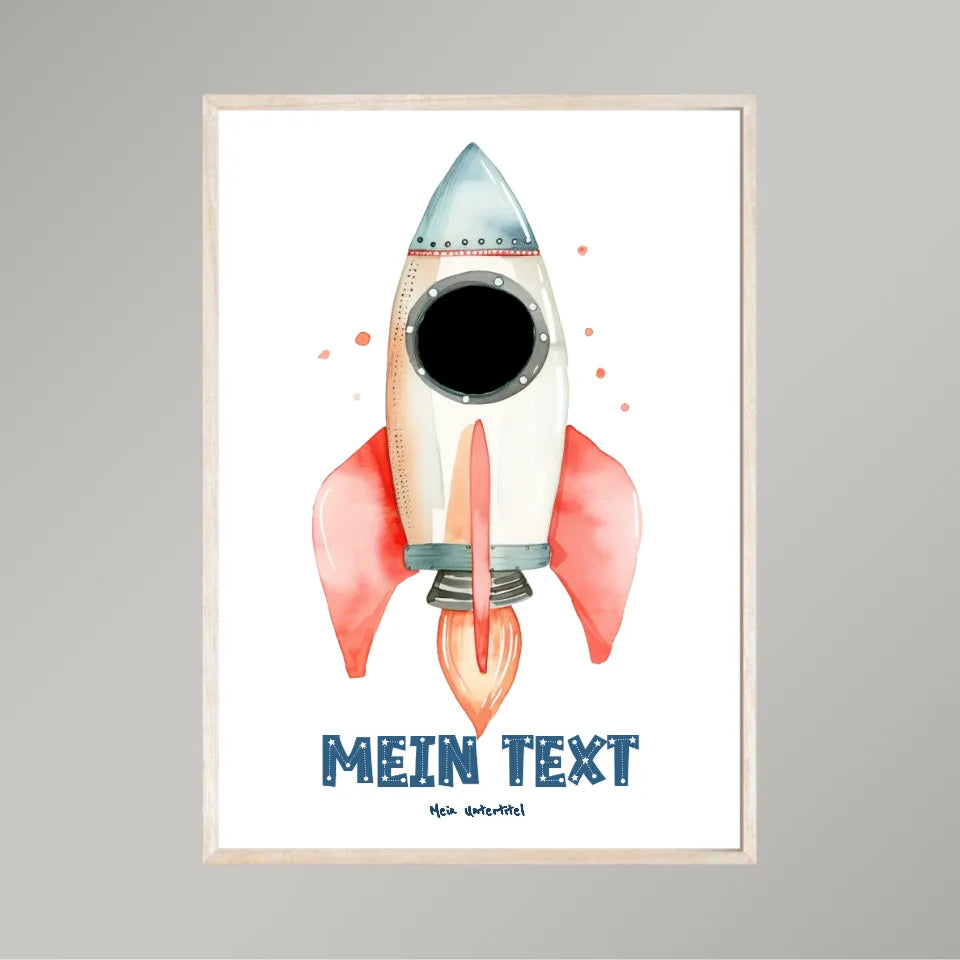 Personalisiertes-Kinderposter-mit-eigenem-Text-und-Foto-im-Raketen-Motiv-50x70cm-Hochformat-im-Holzrahmen-natur