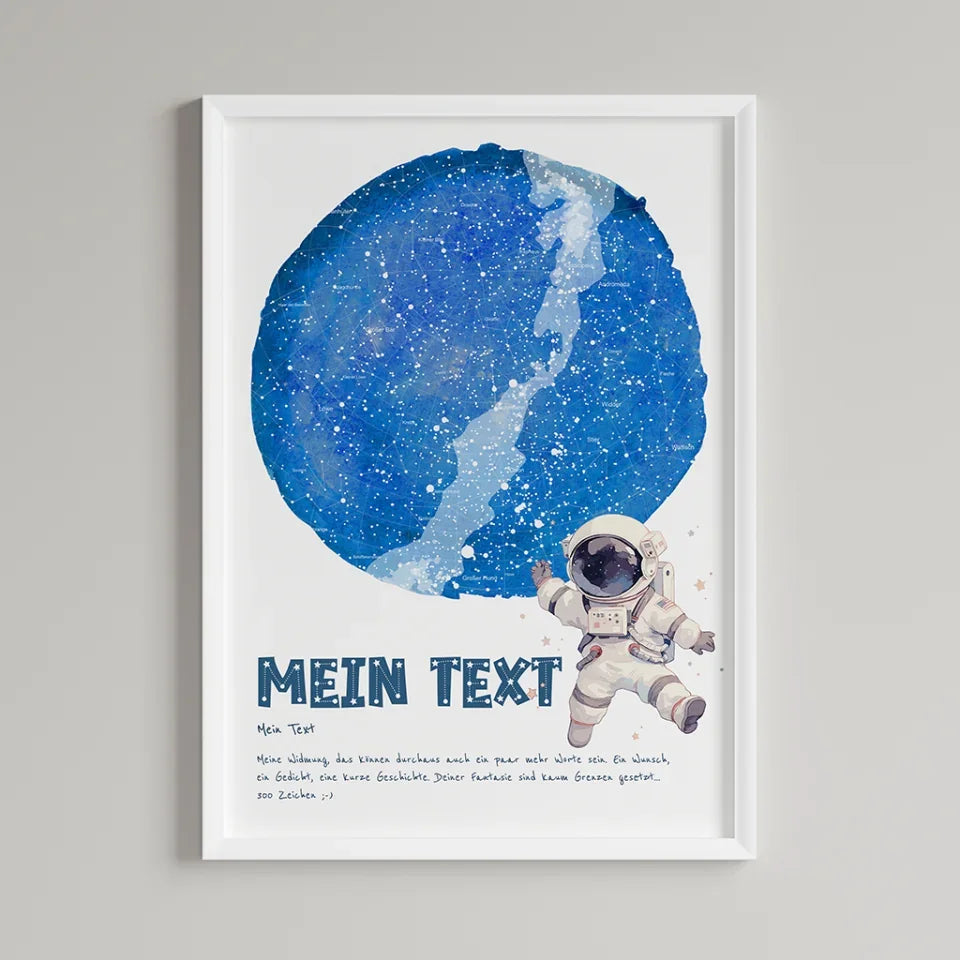 Personalisierte-Sternenkarte-mit-eigenem-Text-und-springendem-Astronauten-Motiv-Hochformat-im-Holzrahmen-weiß