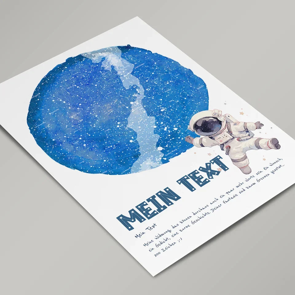 Personalisierte-Sternenkarte-mit-eigenem-Text-und-springendem-Astronauten-Motiv-Hochformat-im-Holzrahmen-weiß