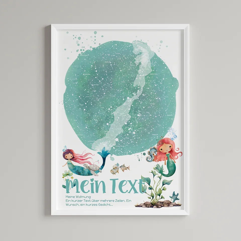 Personalisierte-Sternenkarte-mit-eigenem-Text-deinem-Ort-Augenblick-und-Meerjungfrauen-Motiv-Hochformat-im-Holzrahmen-weiß