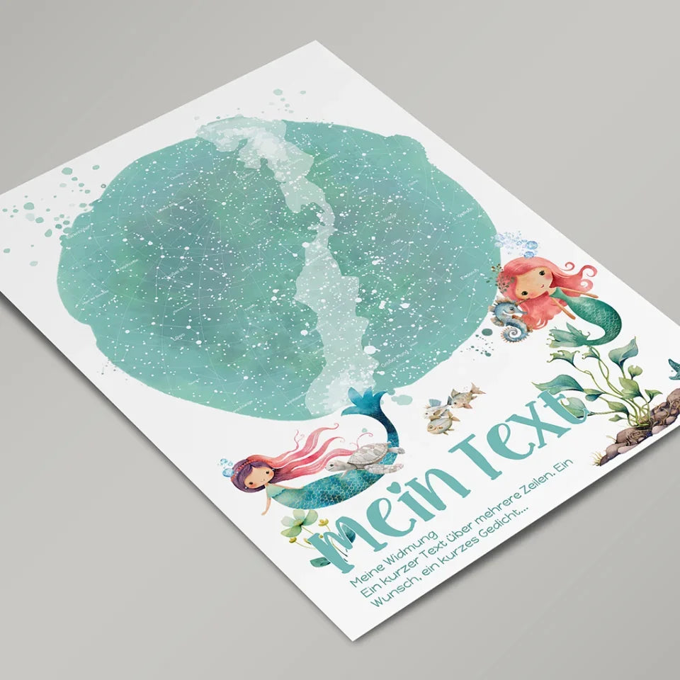 Personalisierte-Sternenkarte-mit-eigenem-Text-deinem-Ort-Augenblick-und-Meerjungfrauen-Motiv-Hochformat-im-Holzrahmen-weiß