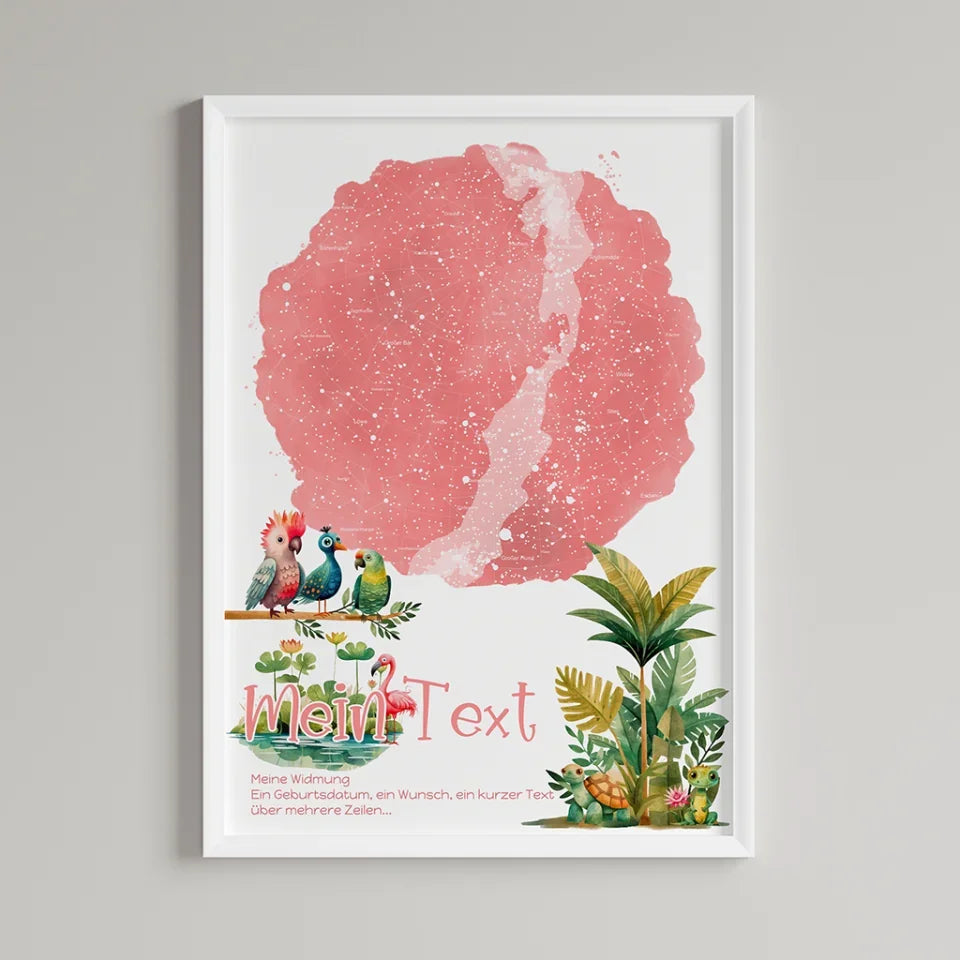 Personalisierte-Sternenkarte-mit-eigenem-Text-deinem-Ort-Augenblick-und-Dschungel-Motiv-Hochformat-im-Holzrahmen-weiß