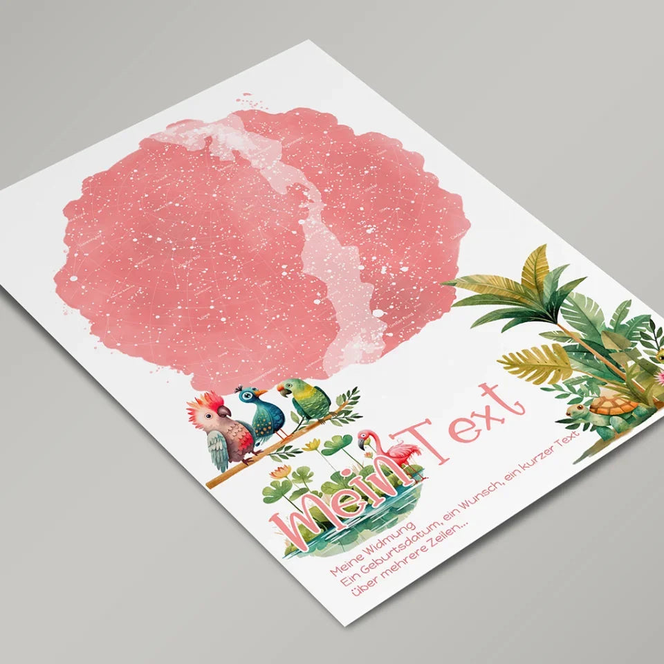 Personalisierte-Sternenkarte-mit-eigenem-Text-deinem-Ort-Augenblick-und-Dschungel-Motiv-Hochformat-im-Holzrahmen-weiß